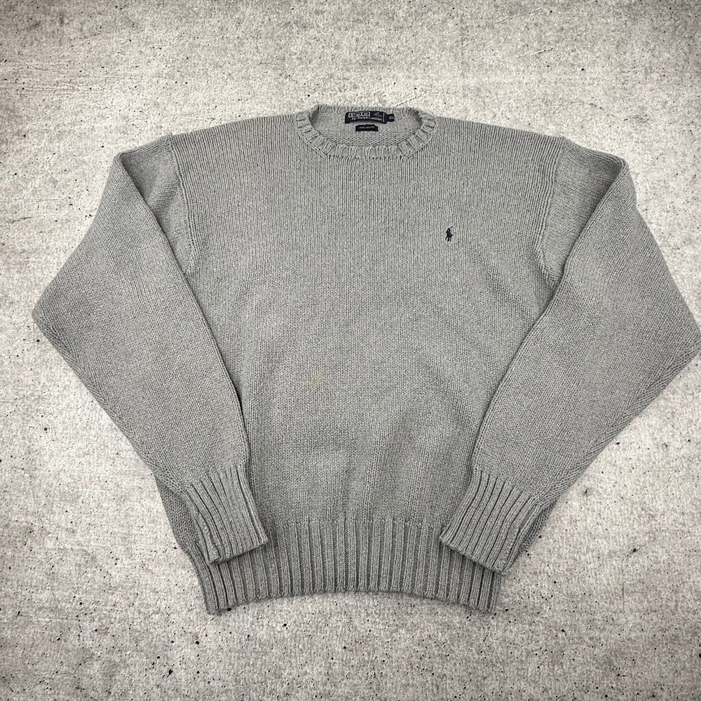 Vintage Polo Ralph Lauren Grey Knit Cotton Sweater Mens XL Ribbed Cuffs